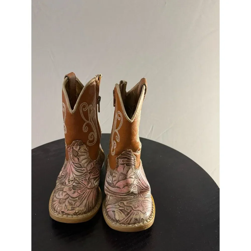 Twister Girls Pink Floral Western Cowboy Boots Brown Embroidered Size 7